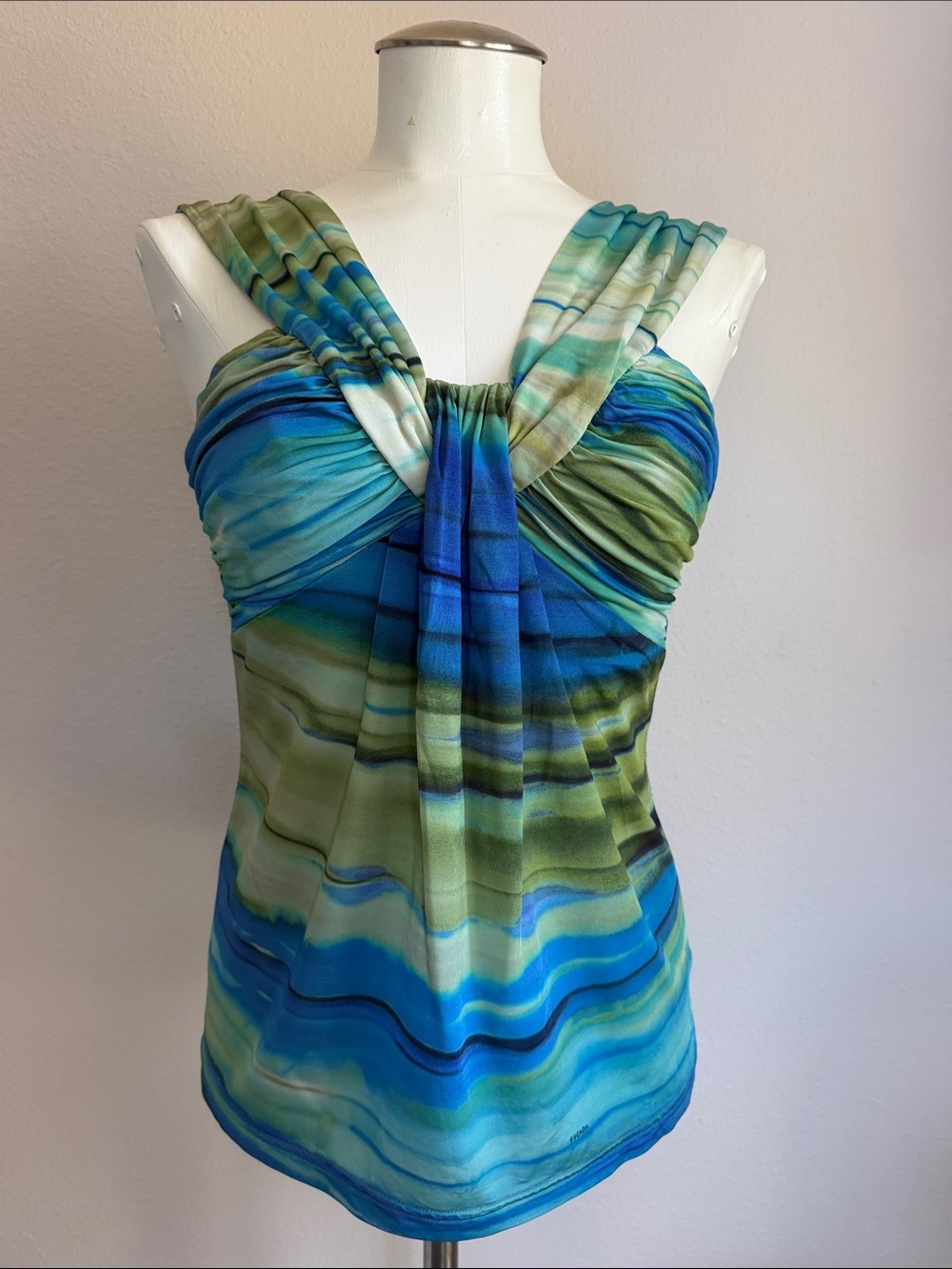Escada Women’s Blue & Green Striped Twist-Front Tank Top Sz S